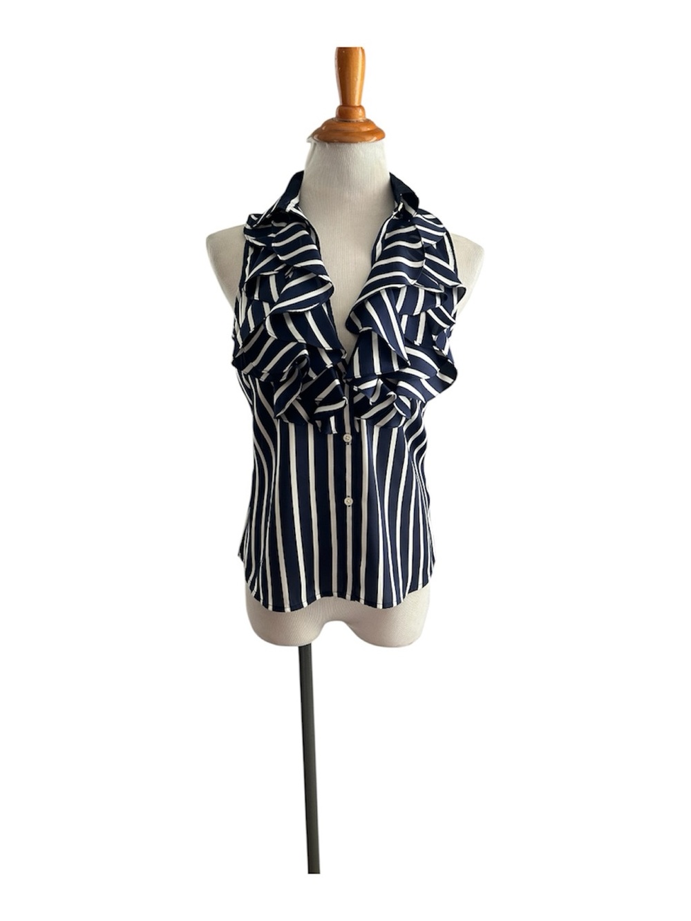 Ralph Lauren Navy and White Striped Ruffle Front Sleeveless Blouse